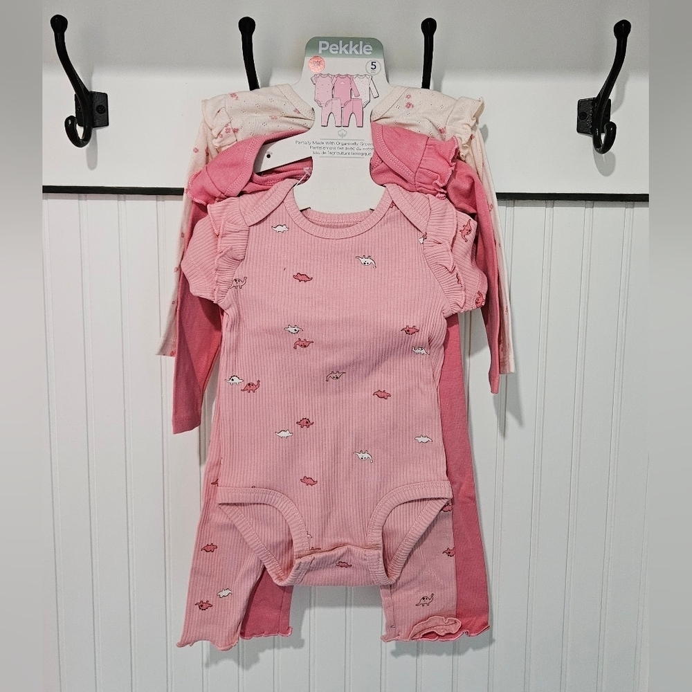 Pekkle Pink and Cream Dinosaur Baby 5 Piece Set, New in Package, 9 Months